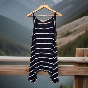 one A Navy Blue White Striped Sharkbite Hem Tank Top Large Sleeveless Slub Knit